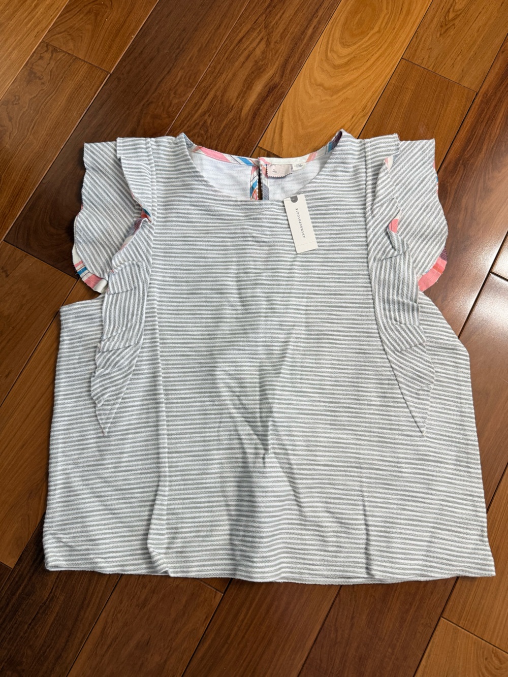Anthropologie Gray and White Striped Ruffle Sleeve Top